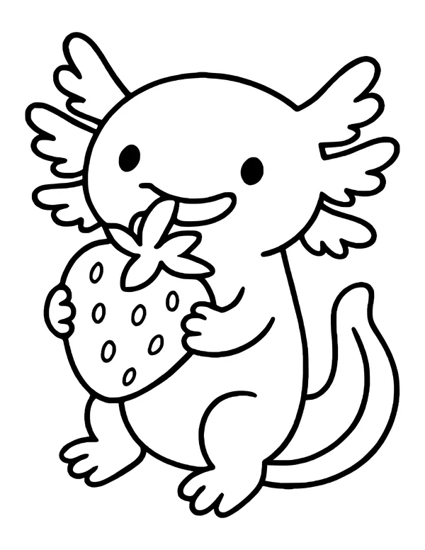 A happy axolotl with ruffled gills taking a bite of a big seeded strawberry it holds in both hands.