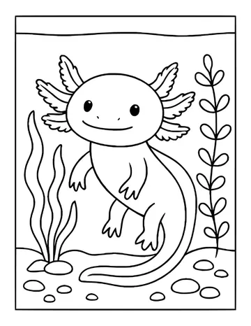 An axolotl swimming in an aquarium with wavy water at the top, tall leafy plants on each side and pebbles on the floor.