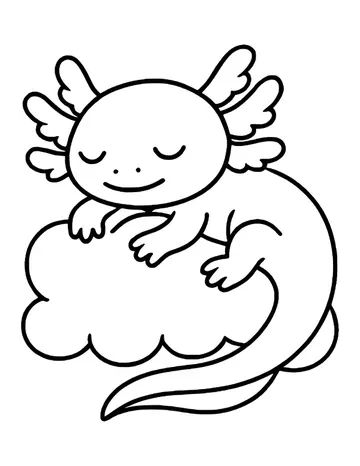 A smiling axolotl with frilly gills and closed eyes curled on a big puffy cloud, its long tail hanging down below.