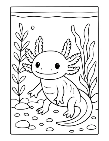 An axolotl sitting on a pebbly tank floor between tall water plants, with a single bubble rising near the surface.