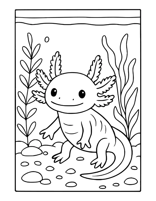 An axolotl sitting on a pebbly tank floor between tall water plants, with a single bubble rising near the surface.