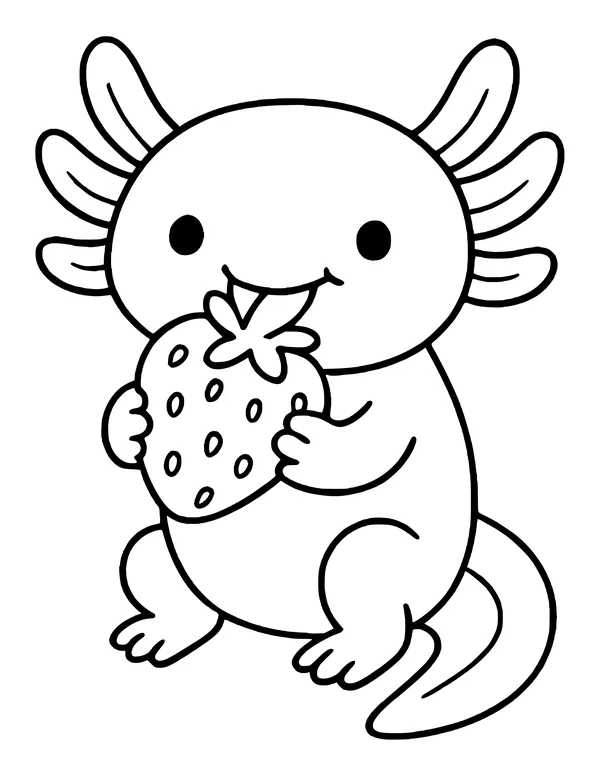 A cute axolotl sitting on its tail, nibbling a strawberry with a leafy green top while its feathery gills fan out.