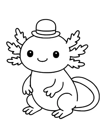 A round, chubby axolotl sitting upright with a little bowler hat perched on its head and a gentle smile.