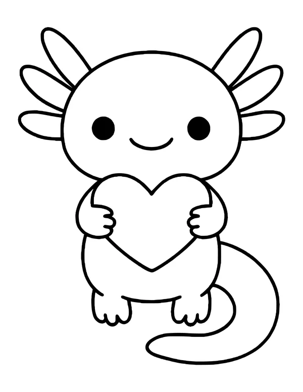 A round-faced axolotl with big dot eyes holding a heart with both hands, its long tail curled along the ground.