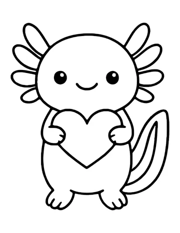 A kawaii axolotl with shiny eyes and a tiny smile holding a big heart in front of its belly, tail raised behind.