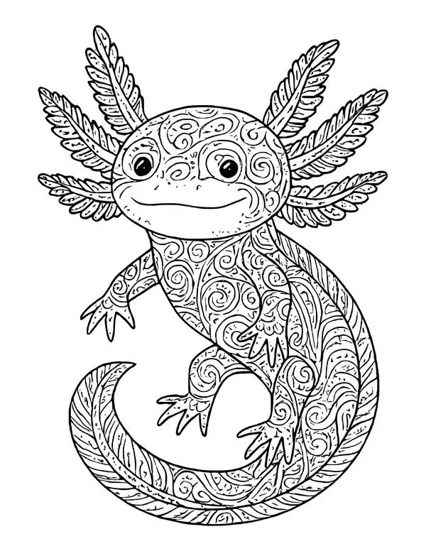 A detailed axolotl curled into a C shape, its body, tail and feathery gills filled with swirls and small patterns.