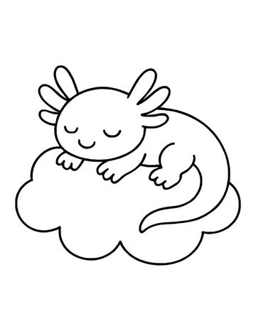 A small axolotl with closed eyes and a soft smile sleeping on top of a fluffy cloud, its tail draped over the edge.