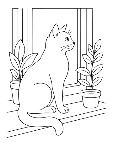 Cat sitting by a window with potted plants on both sides, tail curled