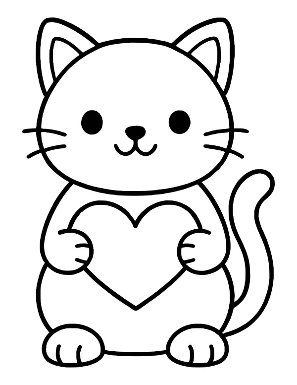 A round-faced cartoon cat with a small smile holding a heart against its tummy, with a curled tail beside it.