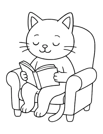 A calm cat relaxing in a padded armchair with a book open in its paws, eyes closed as if enjoying the story.