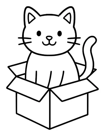 A smiling cat sitting tall inside an open cardboard box with flaps folded out and a curly tail behind it.