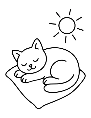 A curled-up cat napping on a square pillow with closed eyes and a smile, while a bright sun shines above.
