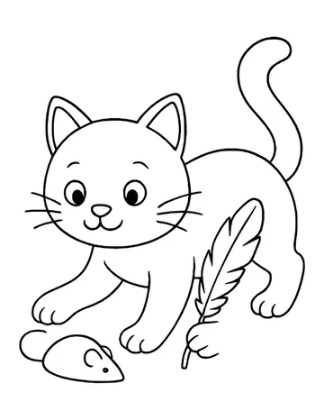 A curious cat crouching low with its tail up, eyeing a toy mouse and a feather lying on the floor in front of it.