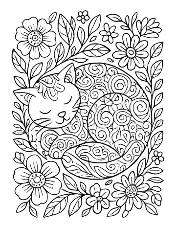 A sleeping cat curled into a circle, its body filled with swirls and framed by large flowers and leafy vines.