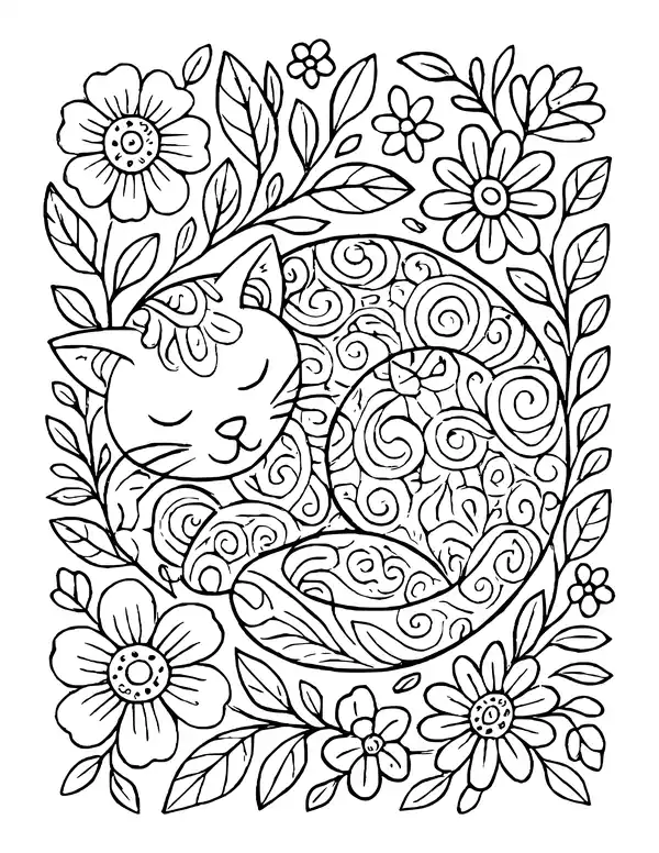 A sleeping cat curled into a circle, its body filled with swirls and framed by large flowers and leafy vines.