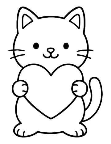 A cat holding up a large heart with both paws in front of its chest, its tail curling up behind one side.