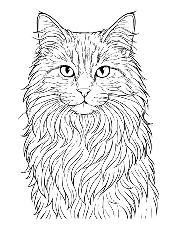 A detailed close-up of a fluffy long-haired cat with large almond eyes, long whiskers and layered fur down its chest.