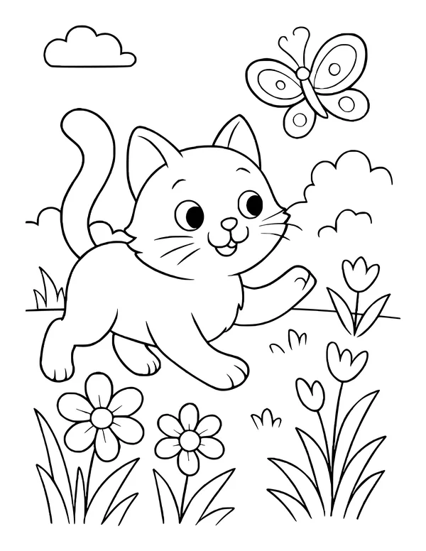 A fluffy kitten leaping through a garden with a raised paw toward a butterfly, with tulips, daisies and a cloud.
