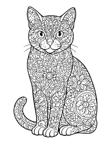 Sitting cat filled with mandala patterns and small flowers