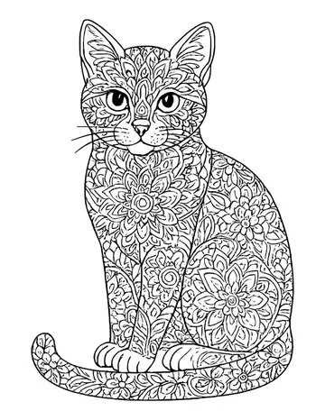 Cat with a long curled tail, its body covered in floral and lace patterns