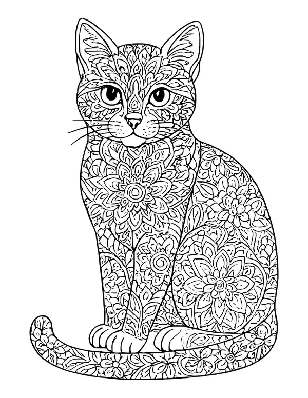 Cat with a long curled tail, its body covered in floral and lace patterns