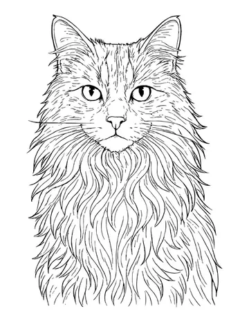 A realistic front-facing portrait of a long-haired cat with tabby markings on the forehead and a thick flowing chest ruff.
