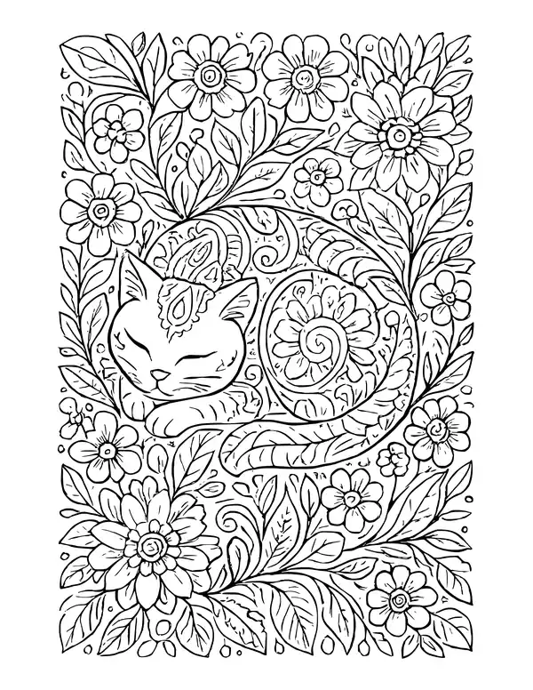 A curled sleeping cat with striped and paisley fur, surrounded edge to edge by dense flowers and leaves.