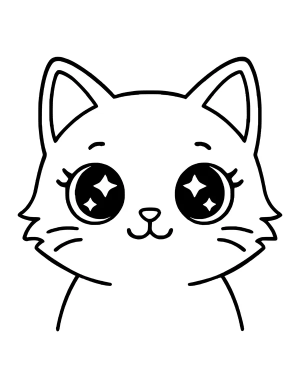 A kawaii kitten head and shoulders with big star-filled eyes, eyelashes, fluffy cheeks and a gentle smile.