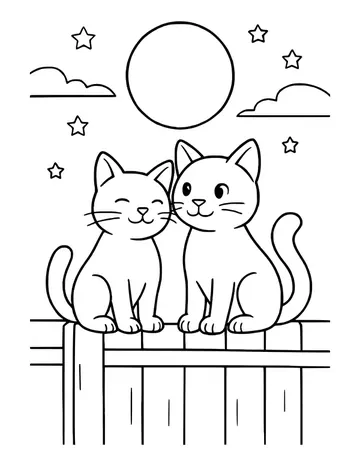 Two happy cats sitting close together on top of a fence under a full moon, with stars and clouds in the sky.
