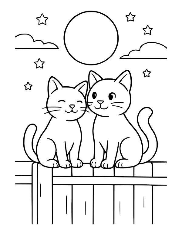 Two happy cats sitting close together on top of a fence under a full moon, with stars and clouds in the sky.