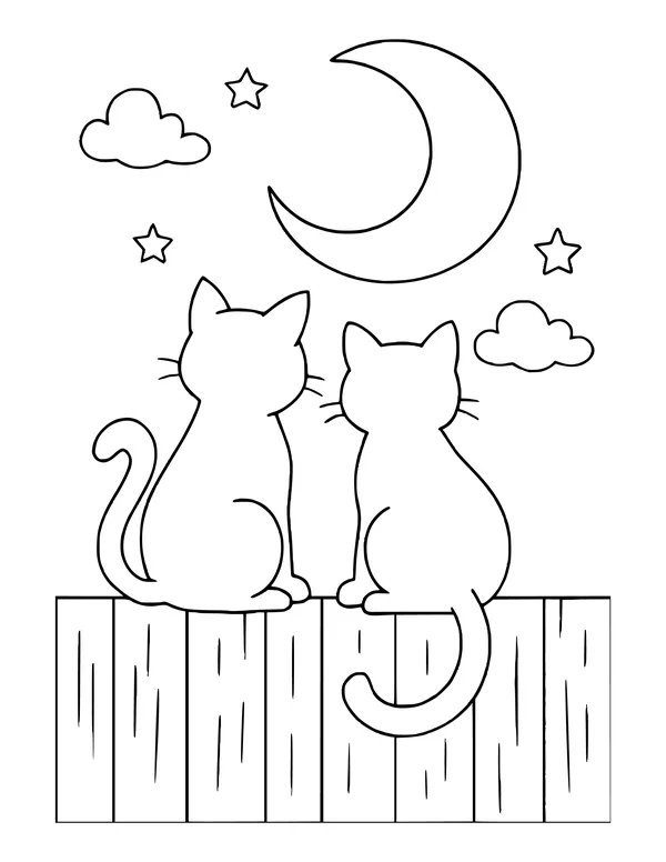Two cats seen from behind sitting on a wooden fence, looking up at a crescent moon, stars and small clouds.
