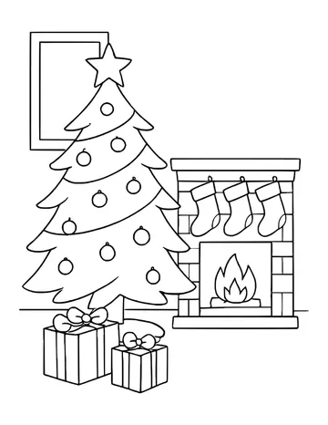Living room with a Christmas tree, a window, a brick fireplace with stockings and wrapped gifts