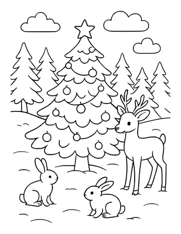Decorated Christmas tree in a snowy forest with a deer and two rabbits