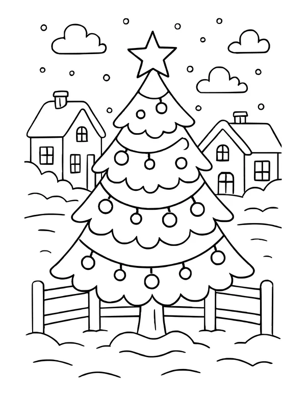 Decorated Christmas tree behind a fence in a village with snow falling