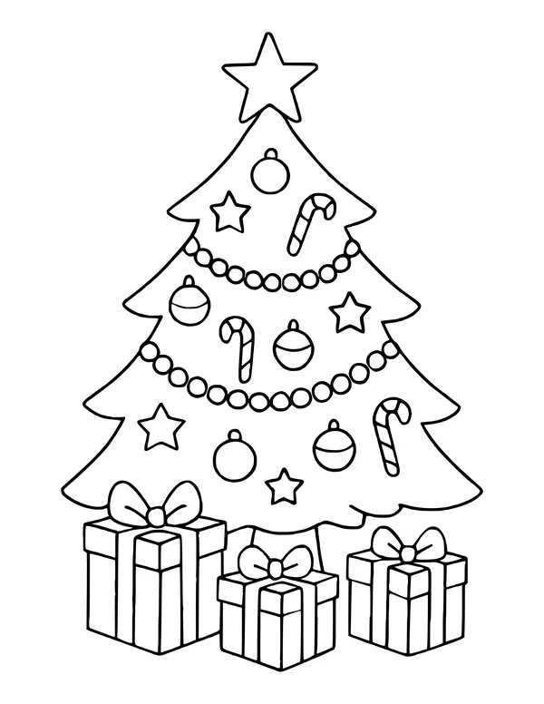 Christmas tree decorated with candy canes, stars and ornaments, with a pile of gifts below