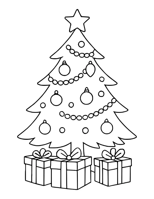 Christmas tree with a star, bead garlands and round ornaments, three wrapped presents below