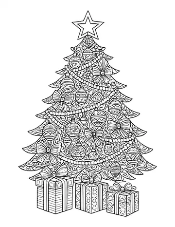 Christmas tree filled with patterned ornaments and garlands, with patterned gift boxes below