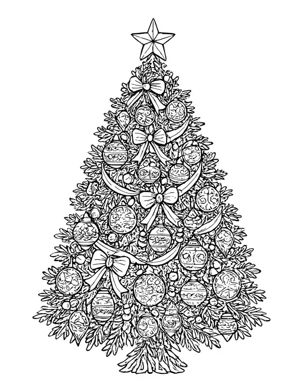 Tall Christmas tree packed with detailed ornaments, ribbons and a star