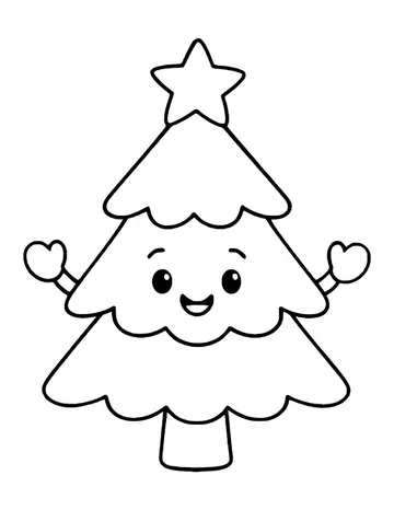 Kawaii Christmas tree with rosy cheeks, raised arms and a star