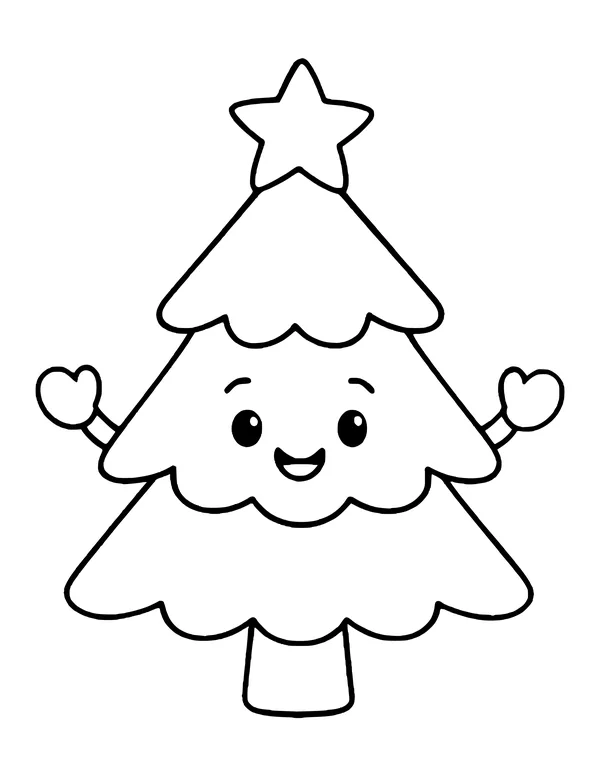 Kawaii Christmas tree with rosy cheeks, raised arms and a star