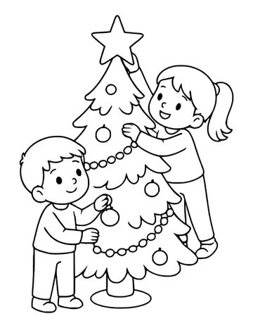 Two children decorating a Christmas tree, one placing the star on top