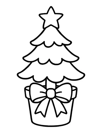 Small Christmas tree with a star, sitting in a pot tied with a big bow