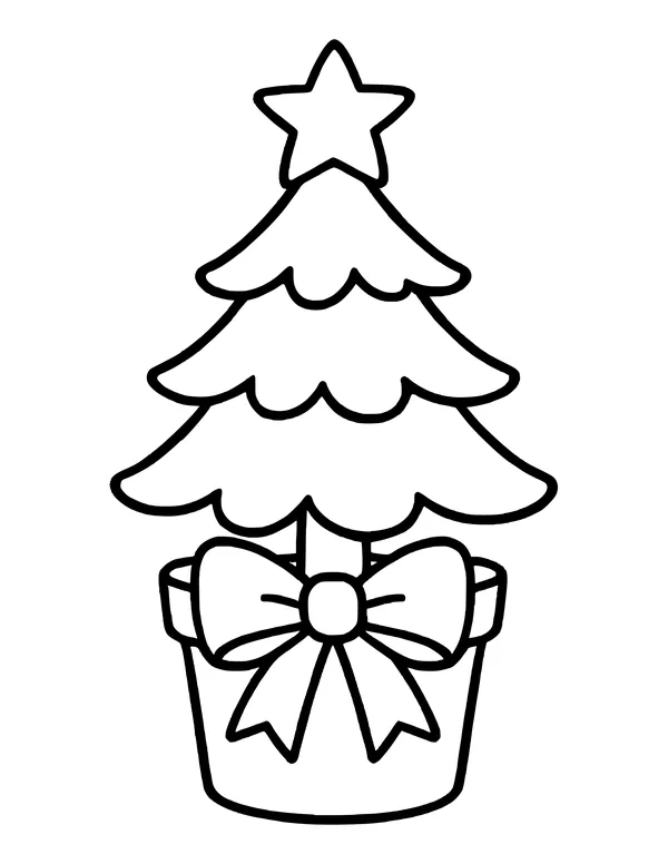 Small Christmas tree with a star, sitting in a pot tied with a big bow