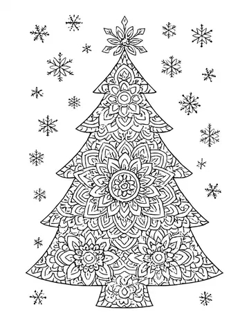 Christmas tree filled with mandala patterns, surrounded by snowflakes