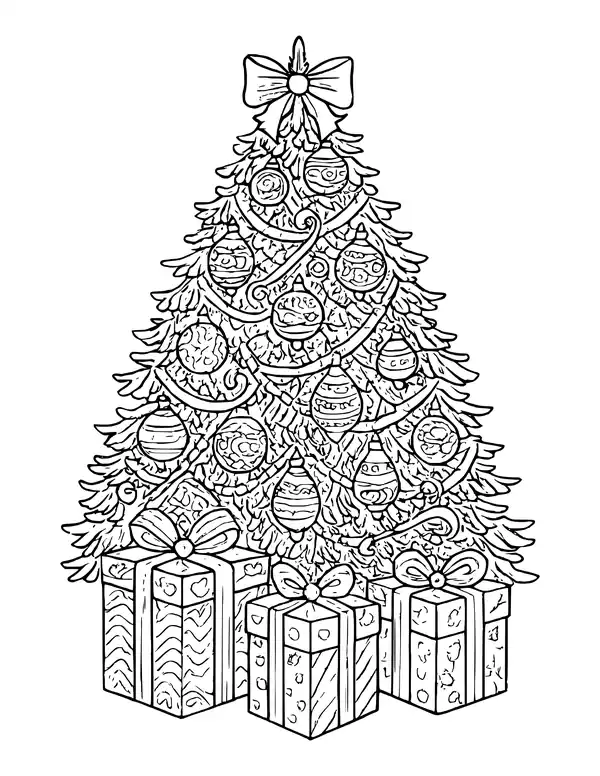 Ornate Christmas tree topped with a bow, covered in tiny decorations, with gifts underneath