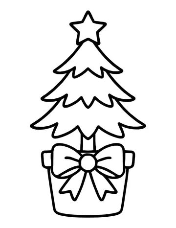 Layered Christmas tree in a square pot with a large ribbon bow on the front