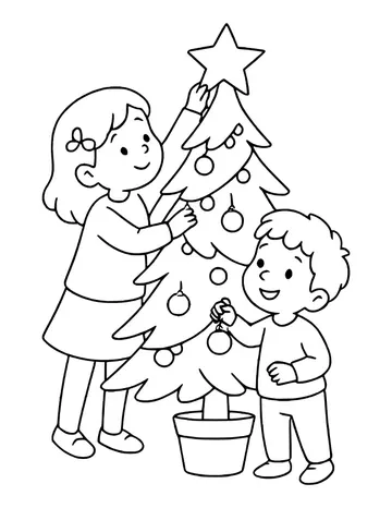 Girl putting a star on top of a Christmas tree while a boy hangs ornaments