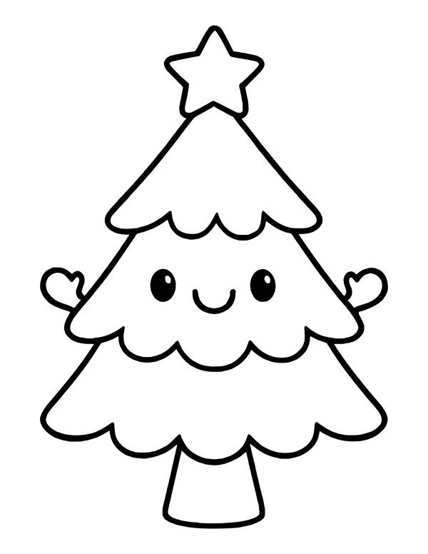 Cute Christmas tree character with a smiling face, little arms and a star on top