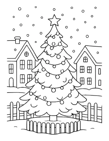 Big Christmas tree in a snowy town square with houses and a fence