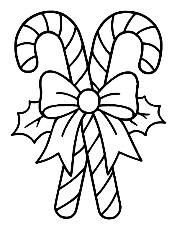 Two crossed candy canes tied with a bow and holly leaves